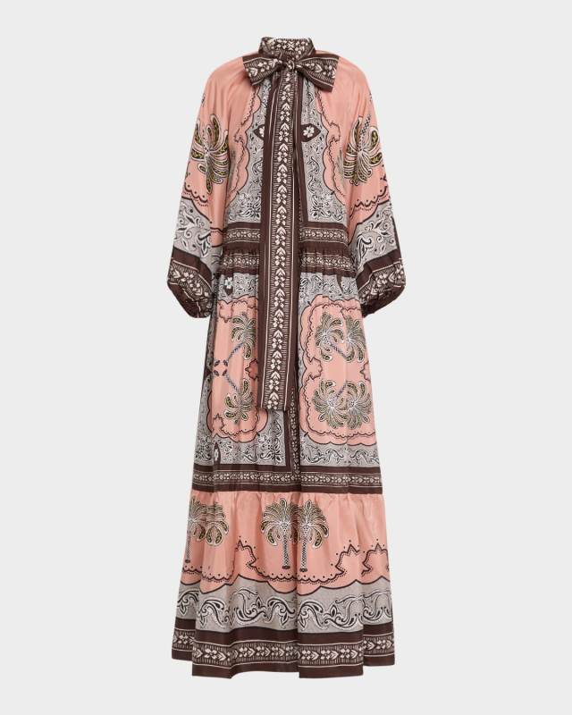 Athena Balloon-Sleeve Neck-Tie Silk Maxi Dress